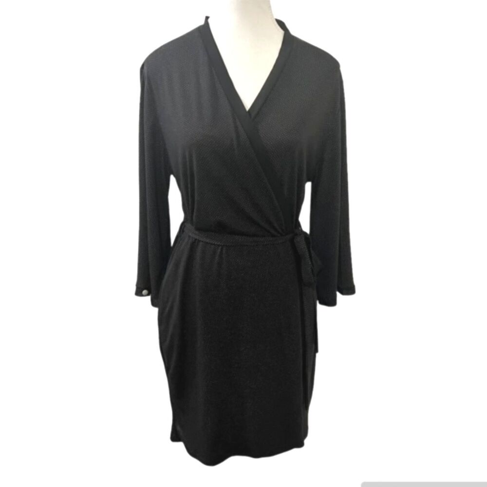 Jones New York Womens S/M Black White Pin Dot Belted Wrap Robe Pockets